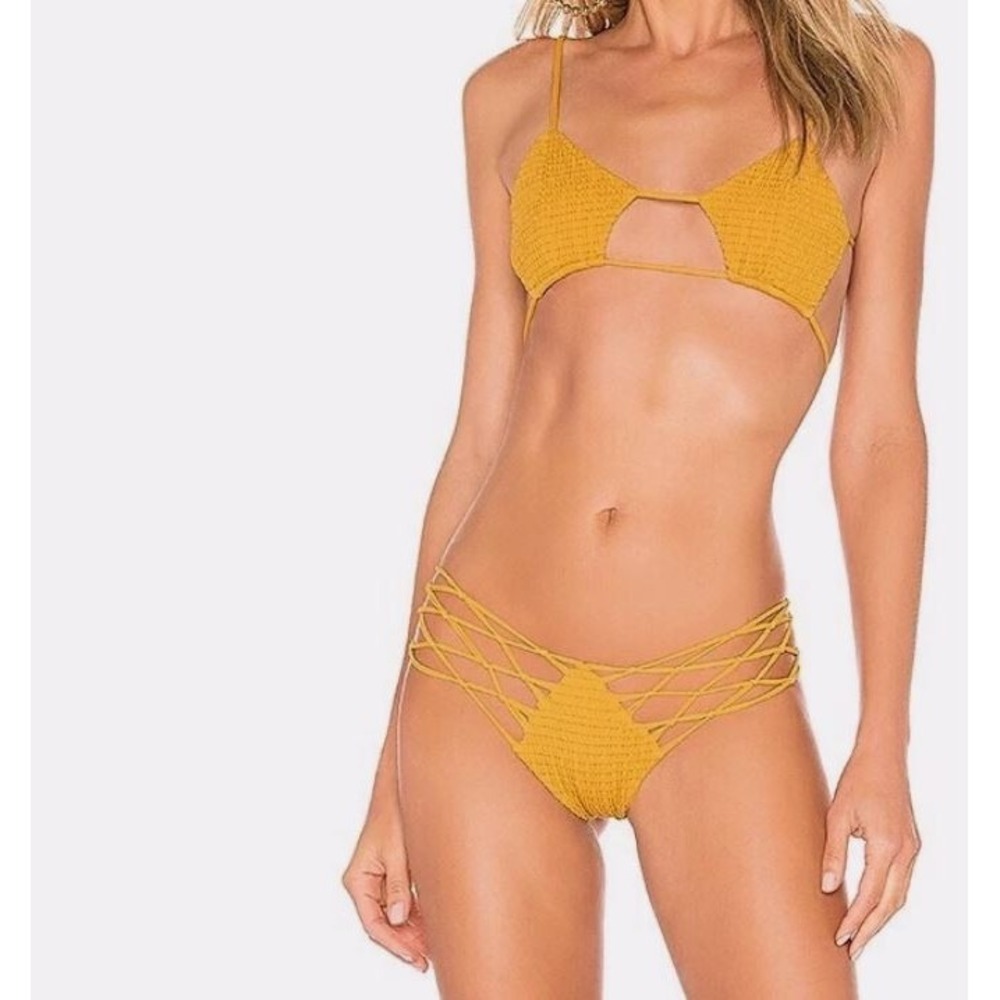 INDAH Bikini Bottom Todos Medium Yellow cheeky Strappy Macrame Smocked Swimwear